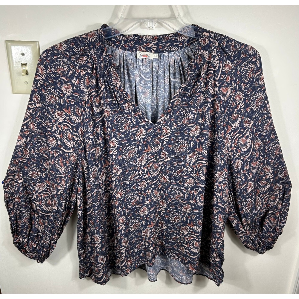 Faherty Portia Top Women XL Navy Floral Paisley Puff Sleeve Boho Ruffle Indie